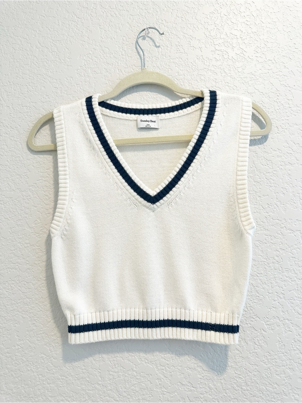Sunday Best White V-Neck Knit Sweater Vest with Navy Trim